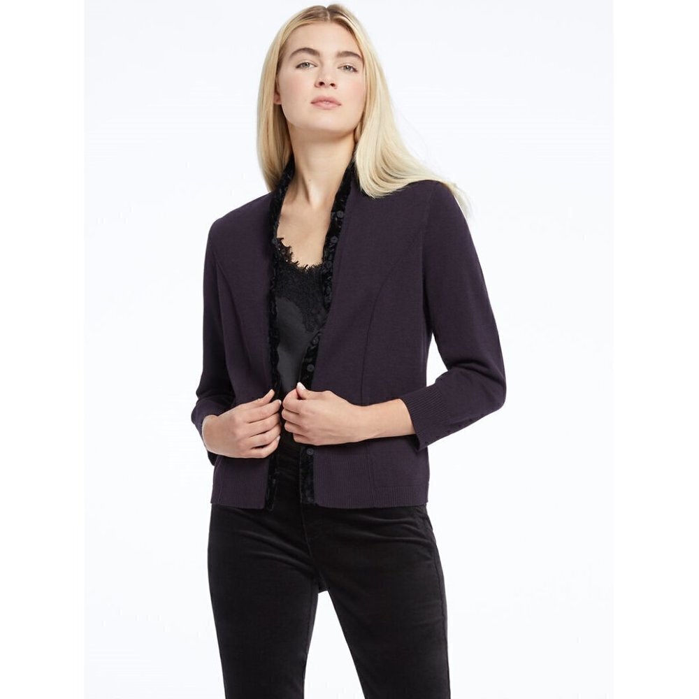 Nic+Zoe Party Cardigan Knit Sweater Velvet Trim